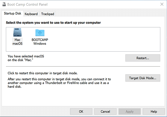 bootcamp control panel windows 10